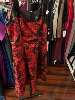 Adrianna Papell Red and Black Floral Jacquard Dress